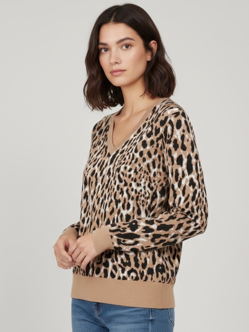 Banana Republic Brown Leopard Print V-Neck Sweater Womens Size S